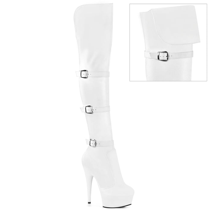 White PU 6" (152mm) Heel, 1 3/4" (45mm) Platform Triple Buckle Strap Stretch Over-The-Knee Boot, 2/3 Inner Side Zip Closure
