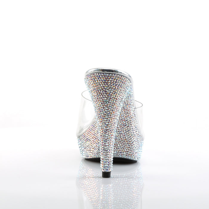 5" Heel Mule Sandal with Rhinestone embellished heel and a rhinestone embellished 1" Platform and features a wider base, lower arch & slightly thicker heel.(COCKTAIL-501DM)