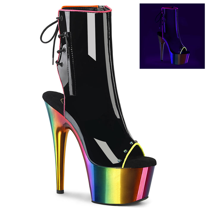7" Heel Open Toe Ankle Boot Lace-Up Back Ankle Boot Featuring Blacklight Reactive Piping and Rainbow Chrome Plated Zipper, Studding at Toe Opening & Entire Platform Bottom, Inner Side Zip Closure 