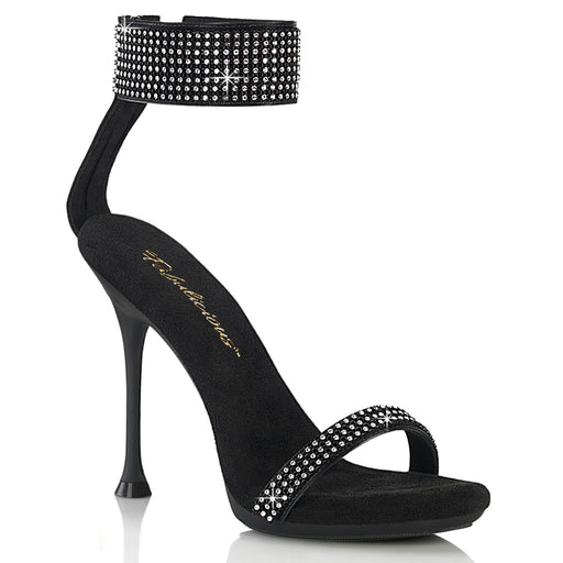 Black 4 1/2" Mini-Platform Sandal Featuring Rhinestone Embellishment on Thin Over-The-Toe Strap and Wide Ankle Cuff, Back Zip Closure