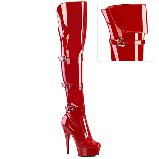 Red 6" (152mm) Heel, 1 3/4" (45mm) Platform Triple Buckle Strap Stretch Over-The-Knee Boot, 2/3 Inner Side Zip Closure