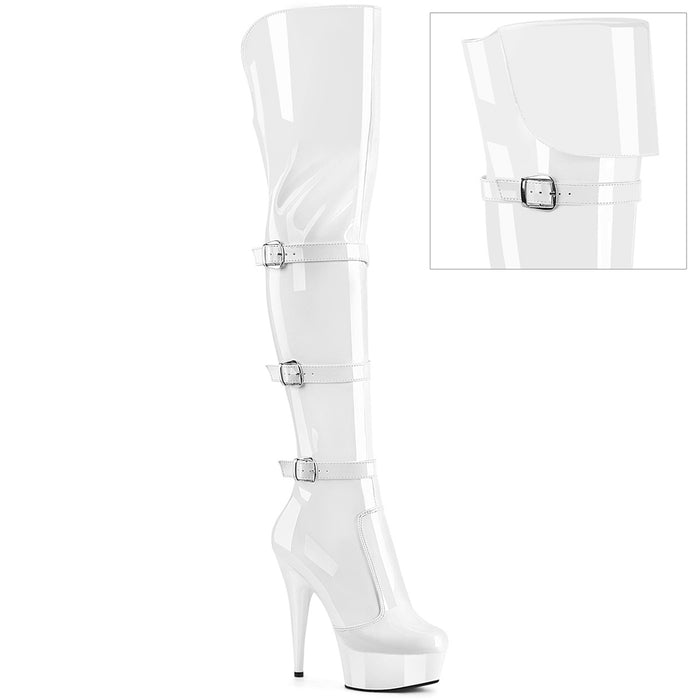 White 6" (152mm) Heel, 1 3/4" (45mm) Platform Triple Buckle Strap Stretch Over-The-Knee Boot, 2/3 Inner Side Zip Closure