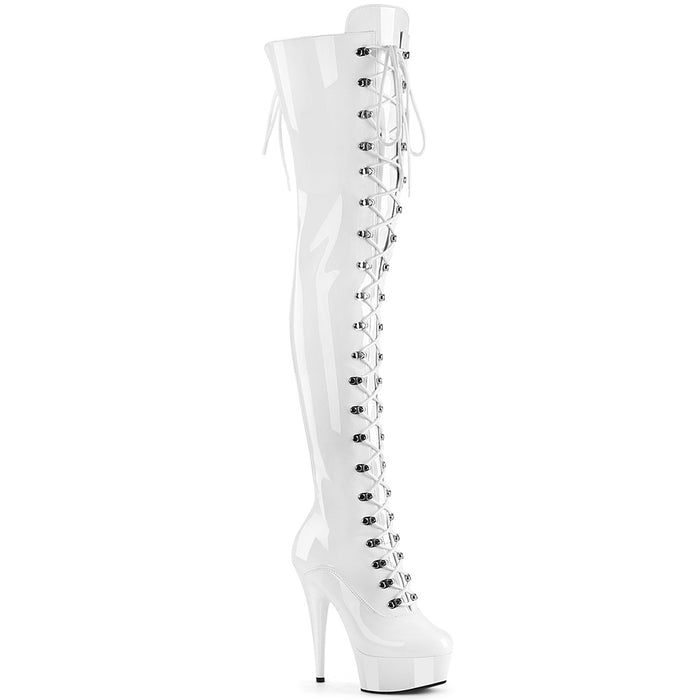 White Patent 6" (152mm) Heel, 1 3/4" (45mm) Plaform Hook Lace-up Front Trico Lined Stretch Thigh High Boot W/Back Lace Tie, 1/2 Inner Side Zip Closure