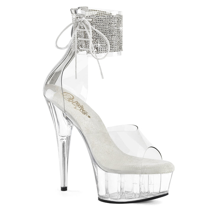 Rhinestone Embellished Ankle Cuff Sandal w/Side Lacing, Back Zip Clear with Clear base