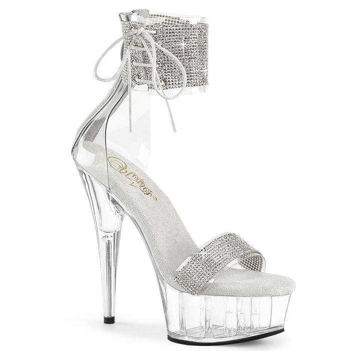 Clear and Silver 6" (152mm) Heel, 1 3/4" (45mm) Platform Close Back Ankle Cuff Sandal w/Side Lacing Featuring Rhinestone Embellished Ankle Cuff & Toe Strap, Back Zip Closure