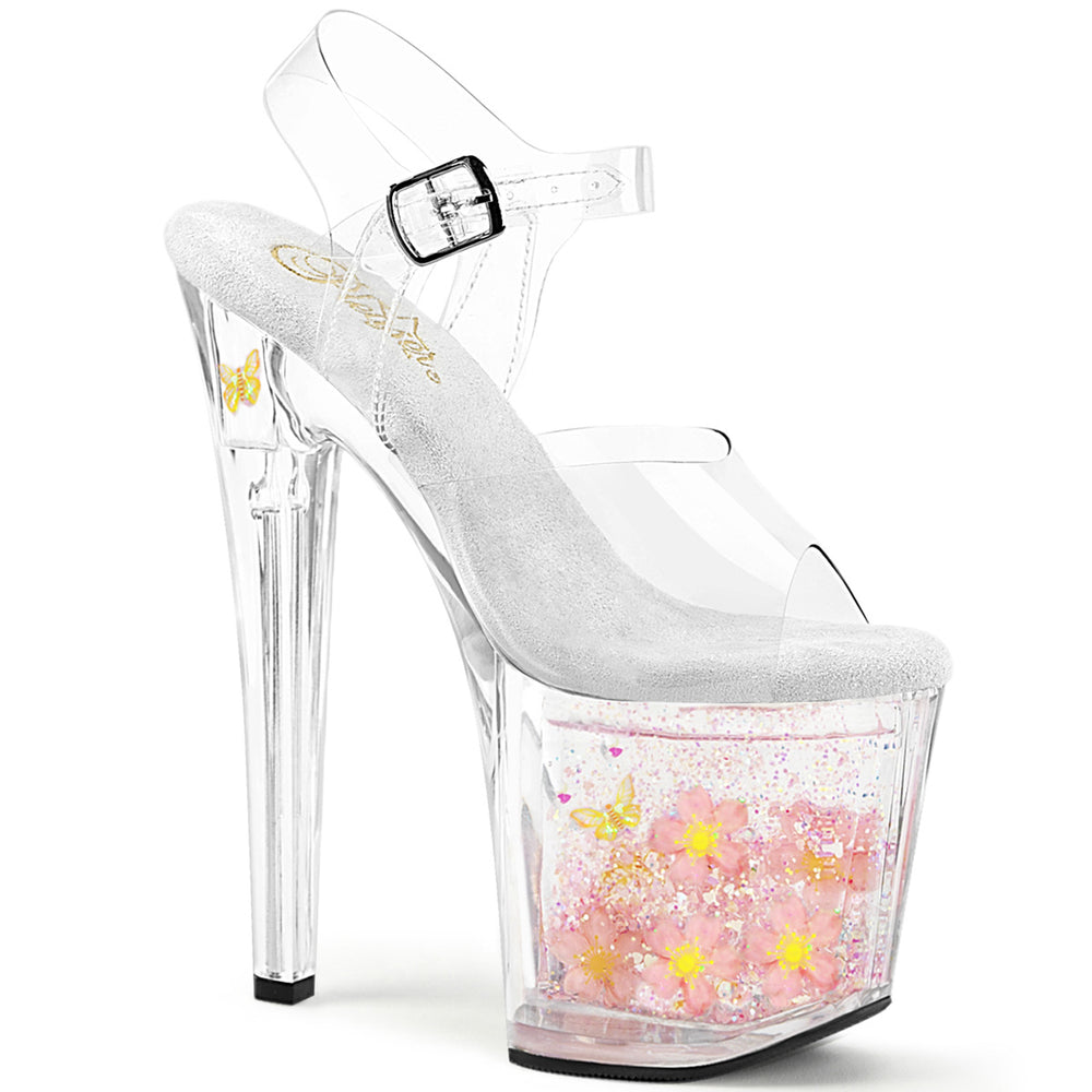 8" Heel Clear/Clear Baby Pink Platform Bottom Infused with Flowing Liquid & Floating Holographic Glitter Hearts, Flowers, and Butterflies