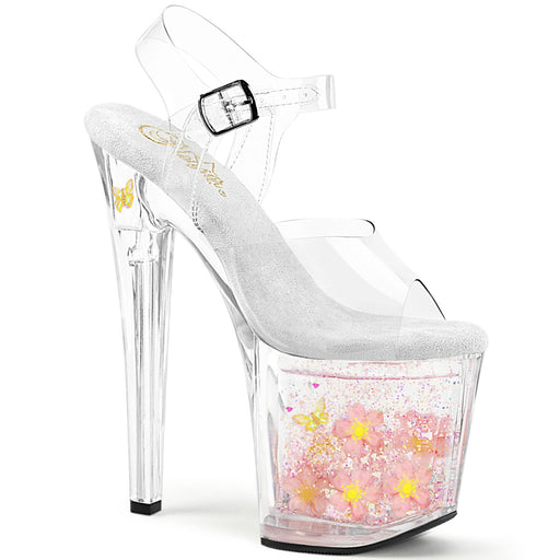 8" Heel Clear/Clear Baby Pink Platform Bottom Infused with Flowing Liquid & Floating Holographic Glitter Hearts, Flowers, and Butterflies