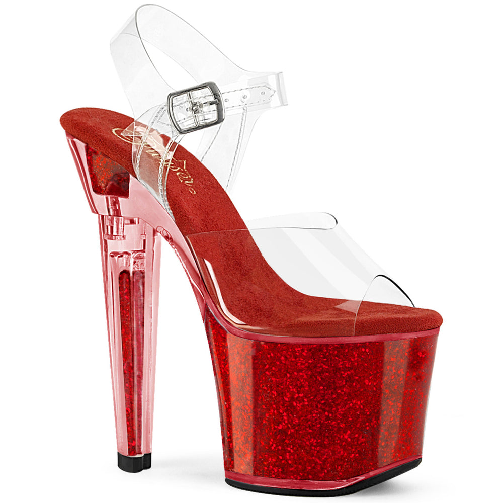 Red 7" (178mm) Heart Shaped Heel, 3 1/4" (83mm) Platform Ankle Strap Sandal Featuring Iridescent Glitters on the Interior Walls of the Platform Bottom & Heel