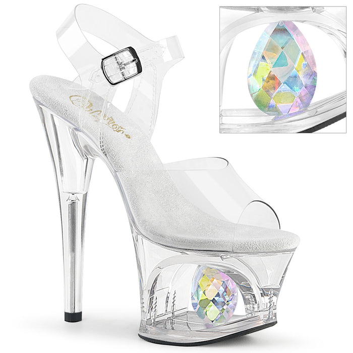 Clear 7" Heel Cut-Out Platform Ankle Strap Sandal Featuring 50mm AB Iridescent Faceted Teardrop Crystal Prisms in the Dome Shaped Platform Cutout
