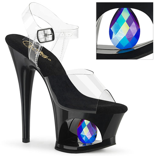 Black 7" Heel Cut-Out Platform Ankle Strap Sandal Featuring 50mm AB Iridescent Faceted Teardrop Crystal Prisms in the Dome Shaped Platform Cutout