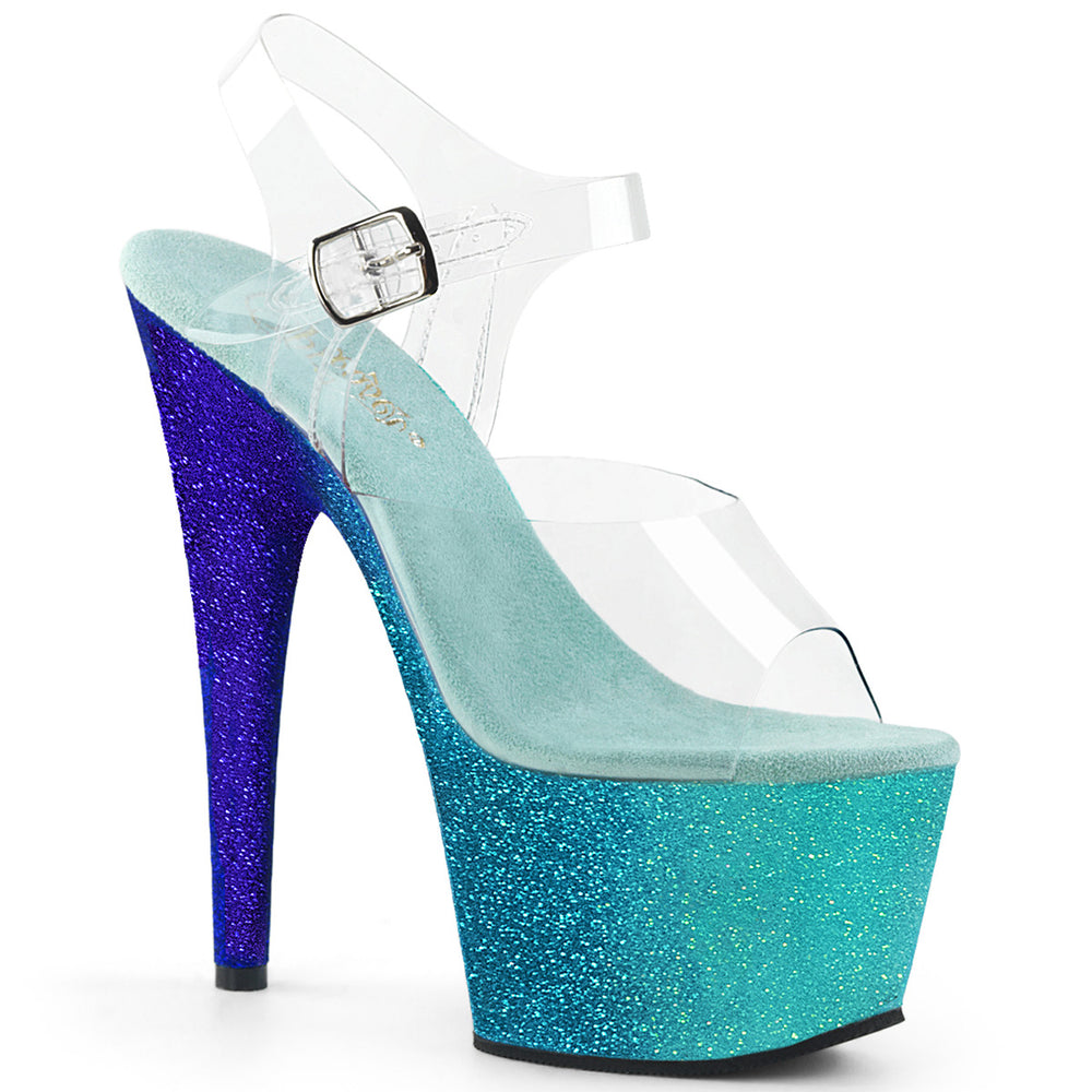 Blue 7" (178mm) Heel, 2 3/4" (70mm) Platform Ankle Strap Sandal Featuring the Entire Platform Bottom Covered W/ Multi Colored Glitters for an Ombre Effect (ADORE-708OMBRE)