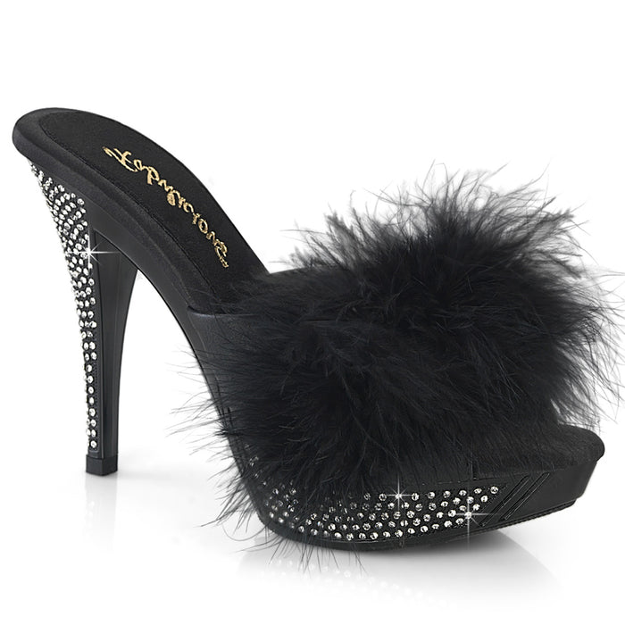 Black 4 1/2" Marabou Slipper with Rhinestone Embellished Heel and Platform