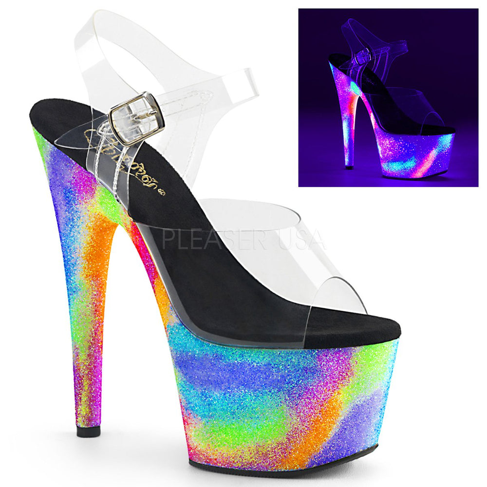 7" Heel Platform Ankle Strap Sandal With UV-Reactive Galaxy Glitter (ADORE-708GXY)