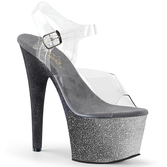 Grey 7" (178mm) Heel, 2 3/4" (70mm) Platform Ankle Strap Sandal Featuring the Entire Platform Bottom Covered W/ Multi Colored Glitters for an Ombre Effect (ADORE-708OMBRE)