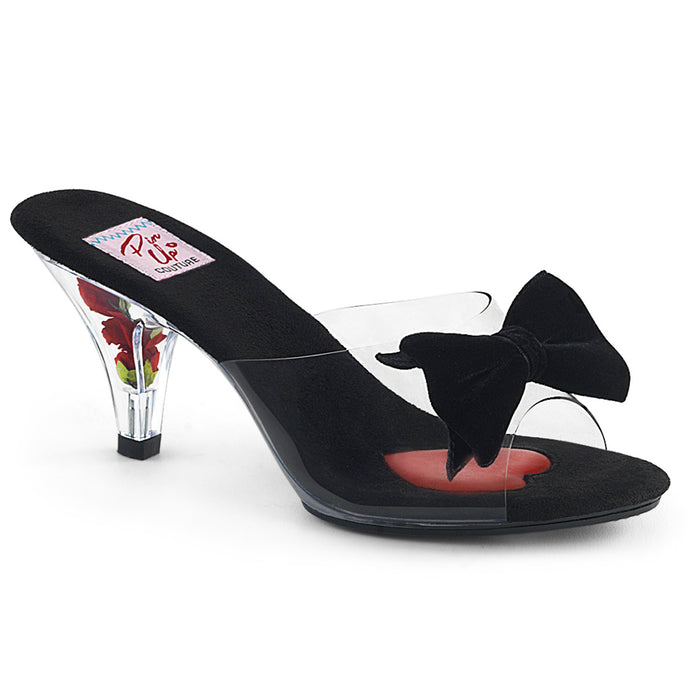 Black 3" (76mm) Heel, 1/8" (3mm) Platform Slide w/ Velvet Bow & Flower Filled Heel (BELLE-301BOW)